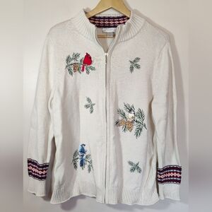 Christopher & Banks Womens 1X White Full Zip Cardigan Birds Embroidery Cottage